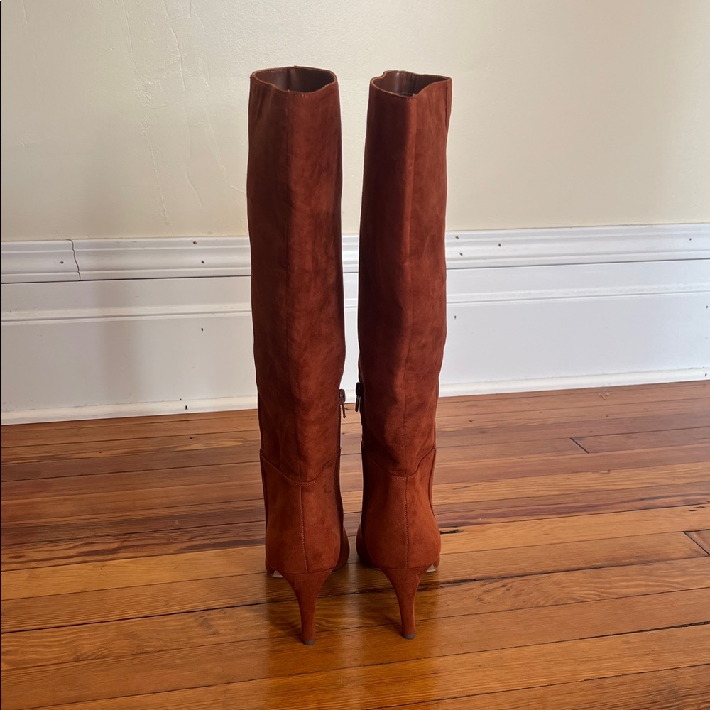 LOFT Chic Tipped Wanderweave Faux Suede Tall Heeled Boot Cognac Size 9 - Picture 7 of 12